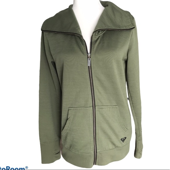 Roxy Tops - Roxy Olive Green Zip Up Sweater Large Collar Sz M